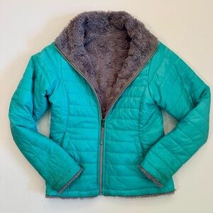 North Face Jacket Gray Green Reversible Fleece Quilted Zip Youth Girls M 10/12